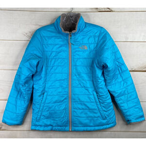 The North Face Reversible Jacket Sz L 14/16 Blue Gray Girls Winter Coat Faux Fur